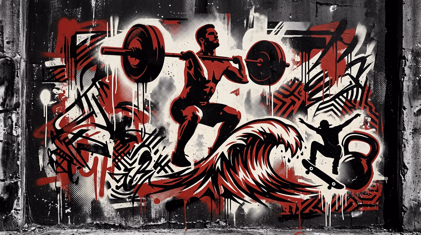 Mural de grafiti de Powerjambo: atleta, ola, skate y kettlebell