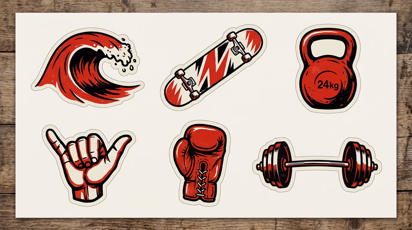 Pegatinas de Powerjambo: ola de surf, skate, kettlebell, shaka, guante de boxeo y barra